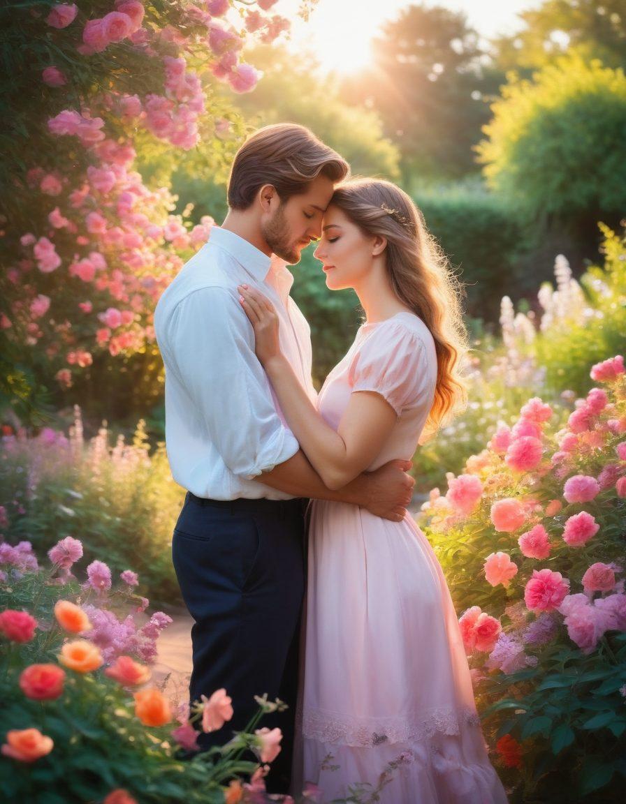 A couple passionately embracing in a sunlit garden, surrounded by blooming flowers symbolizing love. The scene captures their intense gaze and the subtle warmth of a sunset, creating an enchanting atmosphere of romance. Include soft pastel colors to evoke emotions and a dreamlike quality. Impressionist style. vibrant colors.