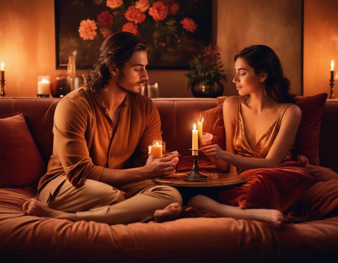 An intimate, warm-toned scene featuring a couple exploring their emotions and desires, surrounded by soft lighting and sensual elements like velvet cushions and candlelight. Incorporate visual metaphors representing connection and passion, such as intertwined hands or blooming flowers. The background should evoke a sense of tranquility and safety, inviting viewers to reflect on their own relationships. painting. warm colors. intimate atmosphere.